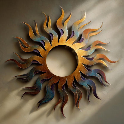 UV Printed Aluminum Sun Wall Art, Rustic Fire Decor, Outdoor Patio Sign (2D Metal)