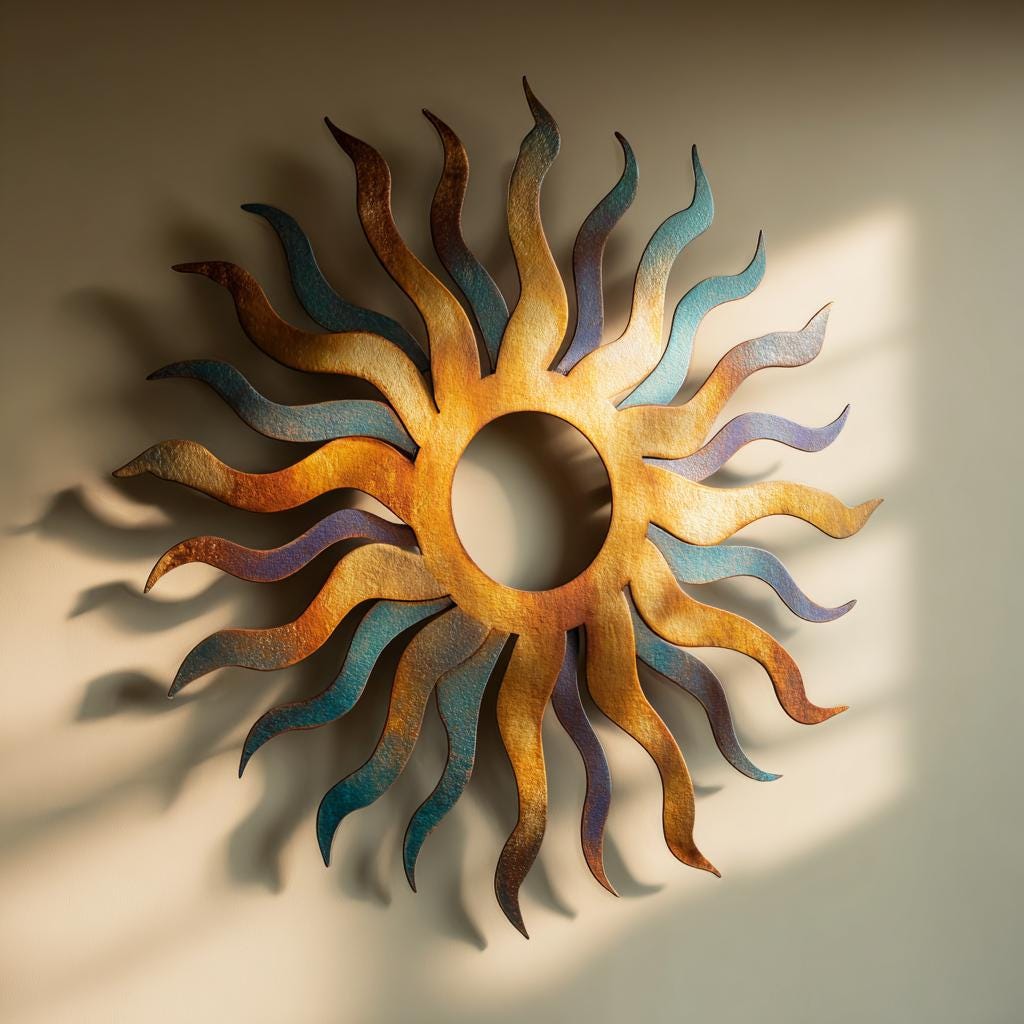 UV Printed Aluminum Sun Wall Art, Rustic Fire Decor, Outdoor Patio Sign (2D Metal)