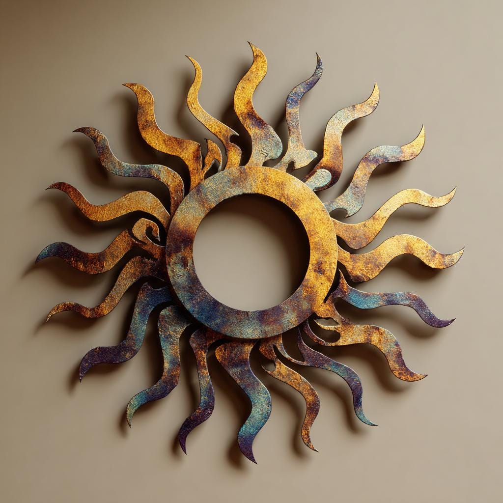 UV Printed Aluminum Sun Wall Art, Rustic Fire Decor, Outdoor Patio Sign (2D Metal)
