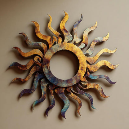 UV Printed Aluminum Sun Wall Art, Rustic Fire Decor, Outdoor Patio Sign (2D Metal)