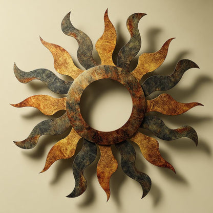 UV Printed Aluminum Sun Wall Art, Rustic Fire Decor, Outdoor Patio Sign (2D Metal)