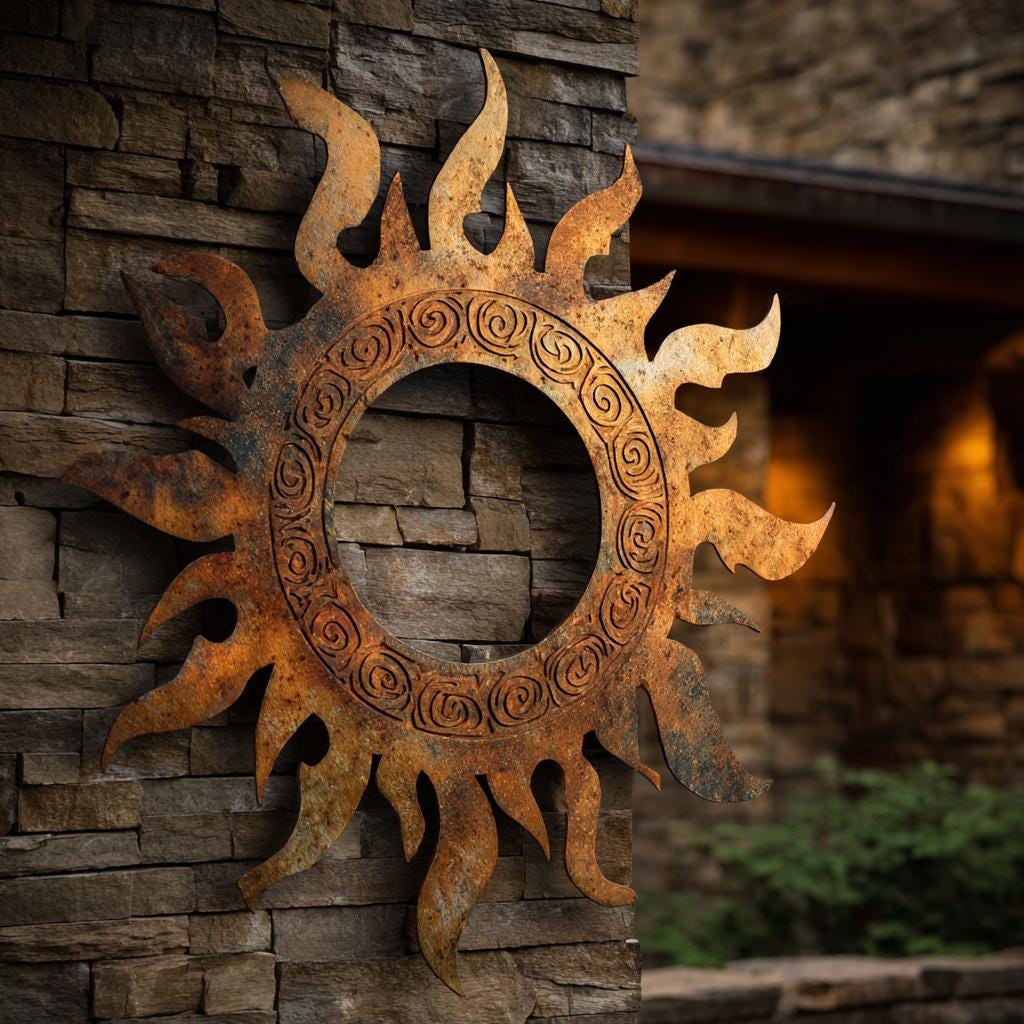 UV Printed Aluminum Sun Wall Art, Rustic Fire Decor, Outdoor Patio Sign (2D Metal)