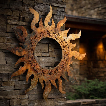 UV Printed Aluminum Sun Wall Art, Rustic Fire Decor, Outdoor Patio Sign (2D Metal)