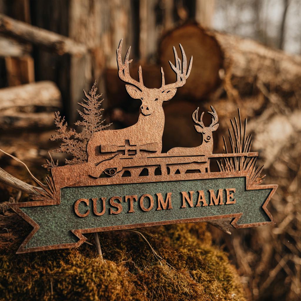 Custom Deer Hunter Metal Sign, Personalized Bow & Rifle Wall Art (UV Printed Aluminum)