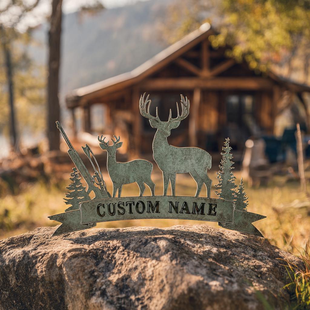 Custom Deer Hunter Metal Sign, Personalized Bow & Rifle Wall Art (UV Printed Aluminum)