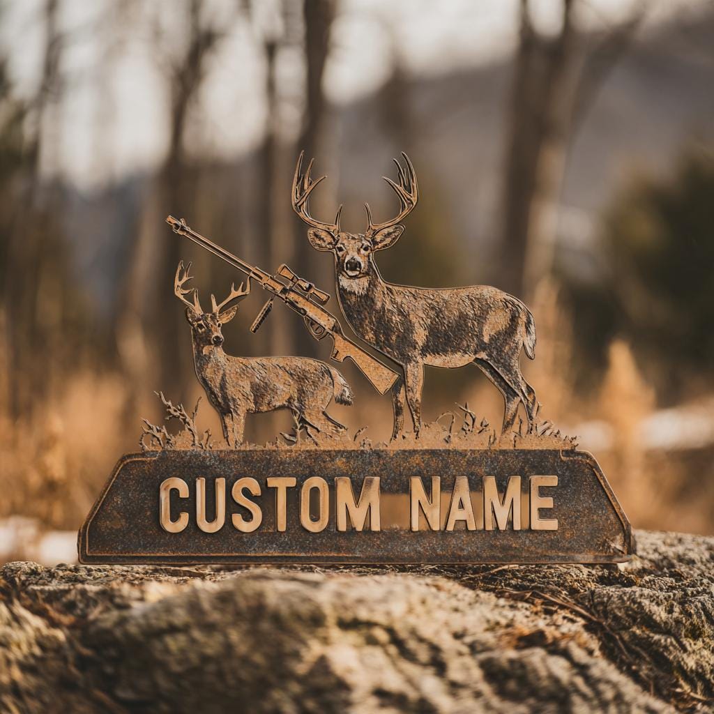 Custom Deer Hunter Metal Sign, Personalized Bow & Rifle Wall Art (UV Printed Aluminum)