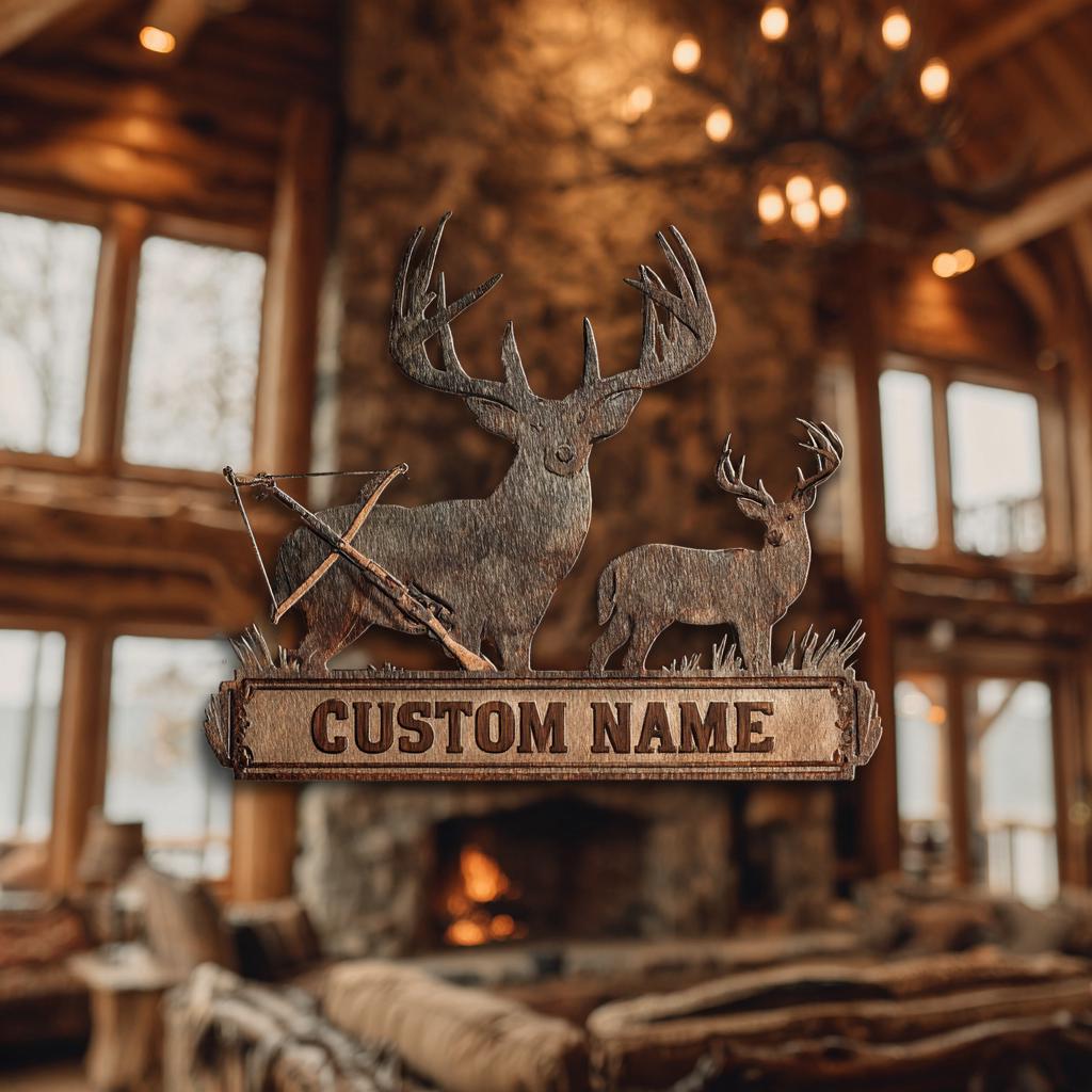 Custom Deer Hunter Metal Sign, Personalized Bow & Rifle Wall Art (UV Printed Aluminum)