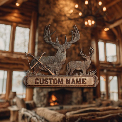 Custom Deer Hunter Metal Sign, Personalized Bow & Rifle Wall Art (UV Printed Aluminum)