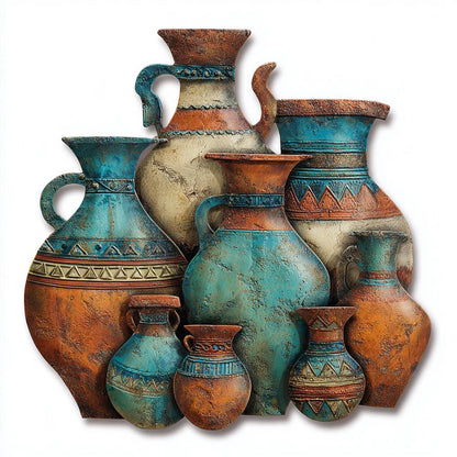 UV Printed Aluminum Metal Wall Art, Rustic Pottery Vases, Boho Southwestern Decor (2D Sign)