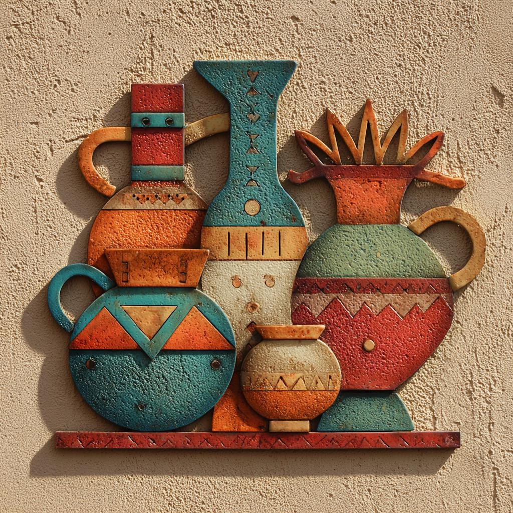 UV Printed Aluminum Metal Wall Art, Rustic Pottery Vases, Boho Southwestern Decor (2D Sign)