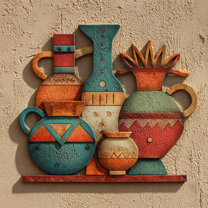 UV Printed Aluminum Metal Wall Art, Rustic Pottery Vases, Boho Southwestern Decor (2D Sign)