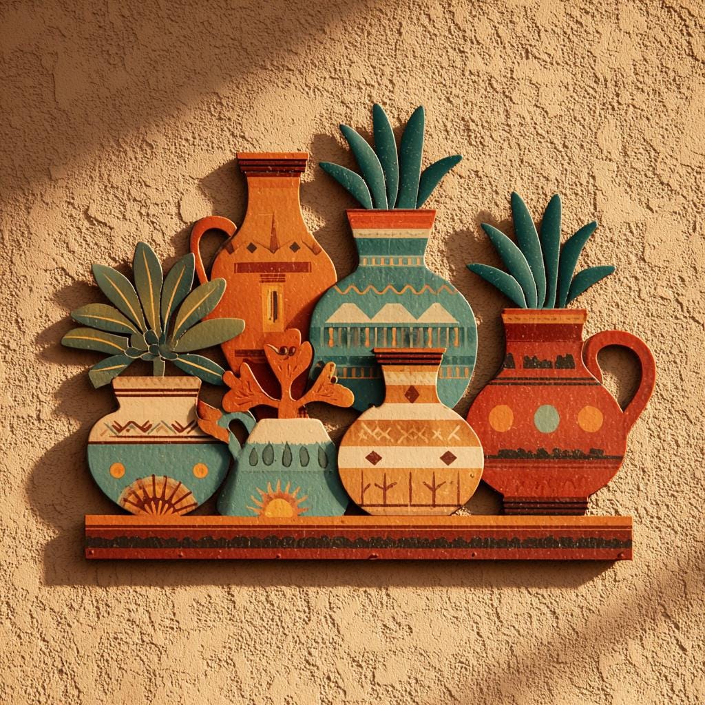 UV Printed Aluminum Metal Wall Art, Rustic Pottery Vases, Boho Southwestern Decor (2D Sign)