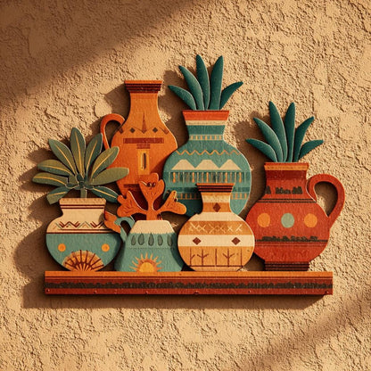 UV Printed Aluminum Metal Wall Art, Rustic Pottery Vases, Boho Southwestern Decor (2D Sign)