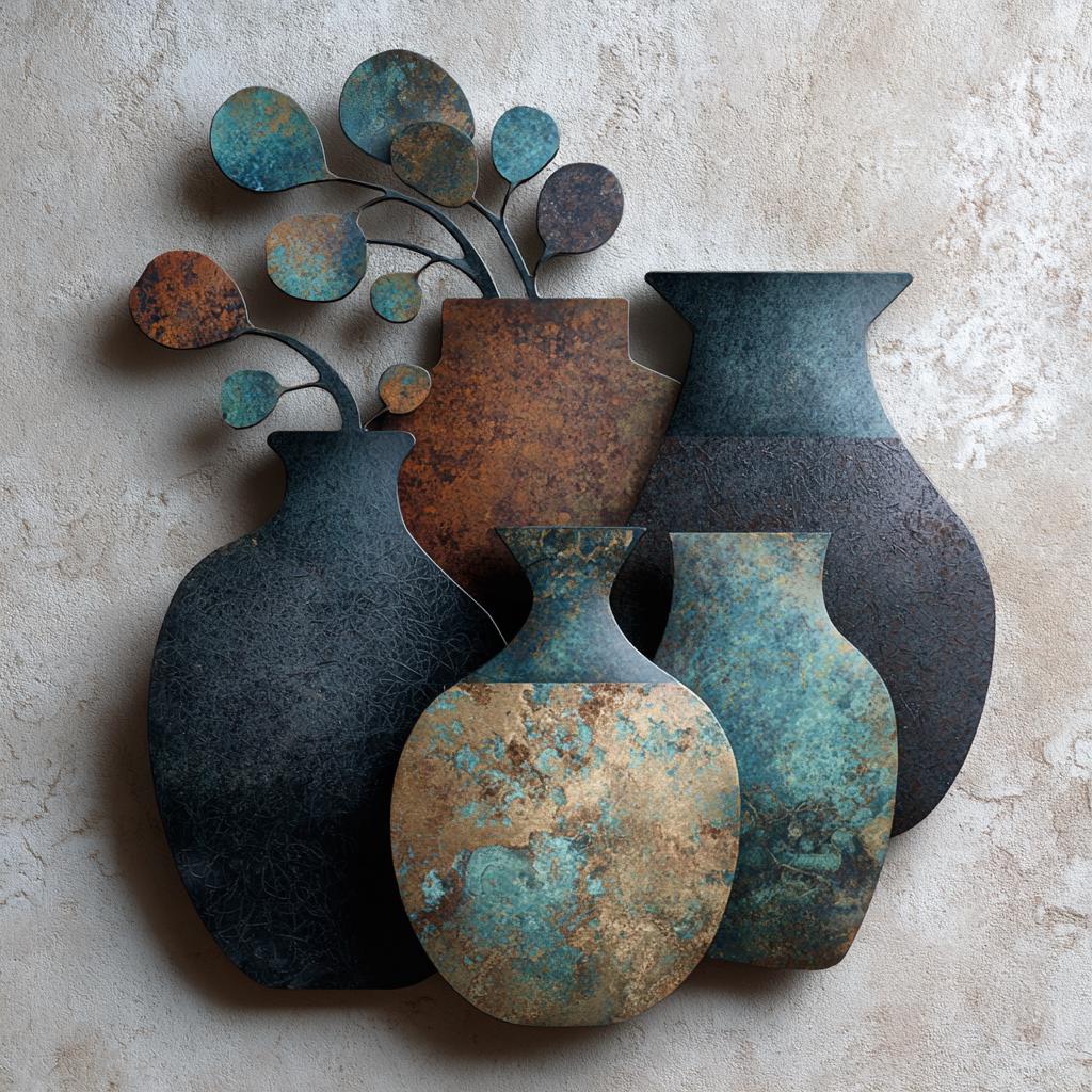 UV Printed Aluminum Metal Wall Art, Rustic Pottery Vases, Boho Southwestern Decor (2D Sign)