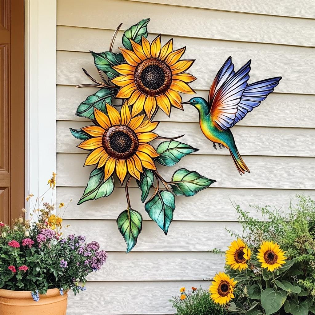 Hummingbird Sunflower Metal Wall Art, UV Printed Aluminum Garden Decor