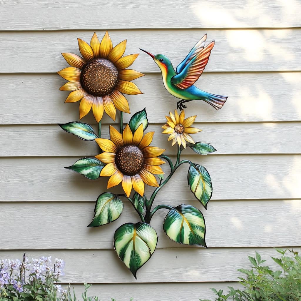 Hummingbird Sunflower Metal Wall Art, UV Printed Aluminum Garden Decor