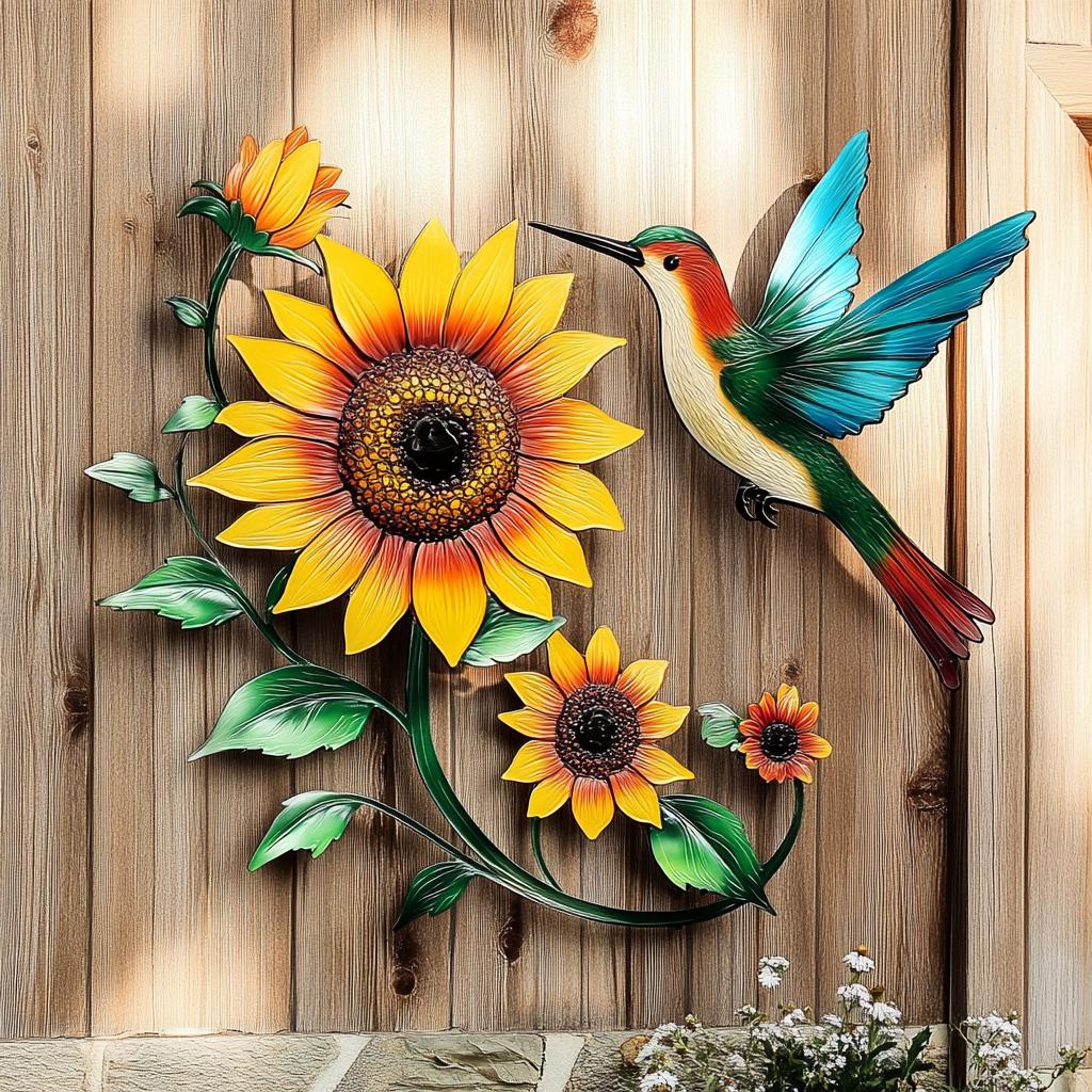 Hummingbird Sunflower Metal Wall Art, UV Printed Aluminum Garden Decor