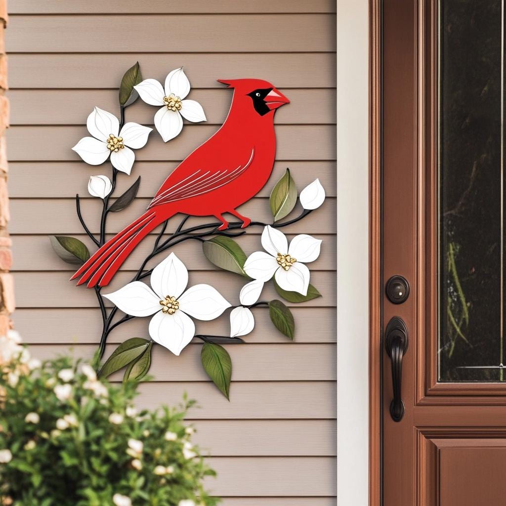 Cardinal Dogwood Metal Wall Art, Red Bird Garden Decor, White Flower Sign (UV Aluminum)