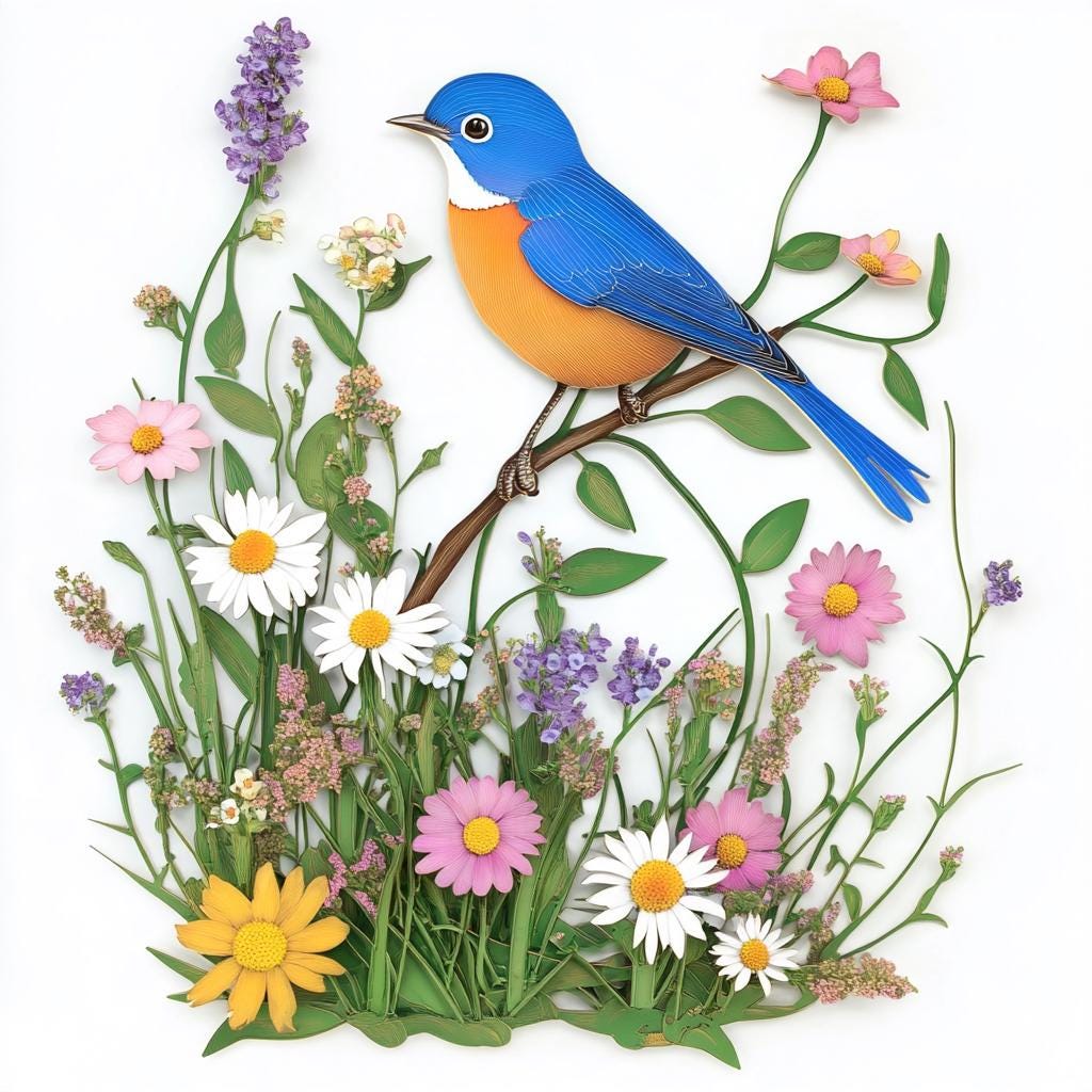 Bluebird Wildflower Metal Wall Art, UV Printed Aluminum Garden Decor