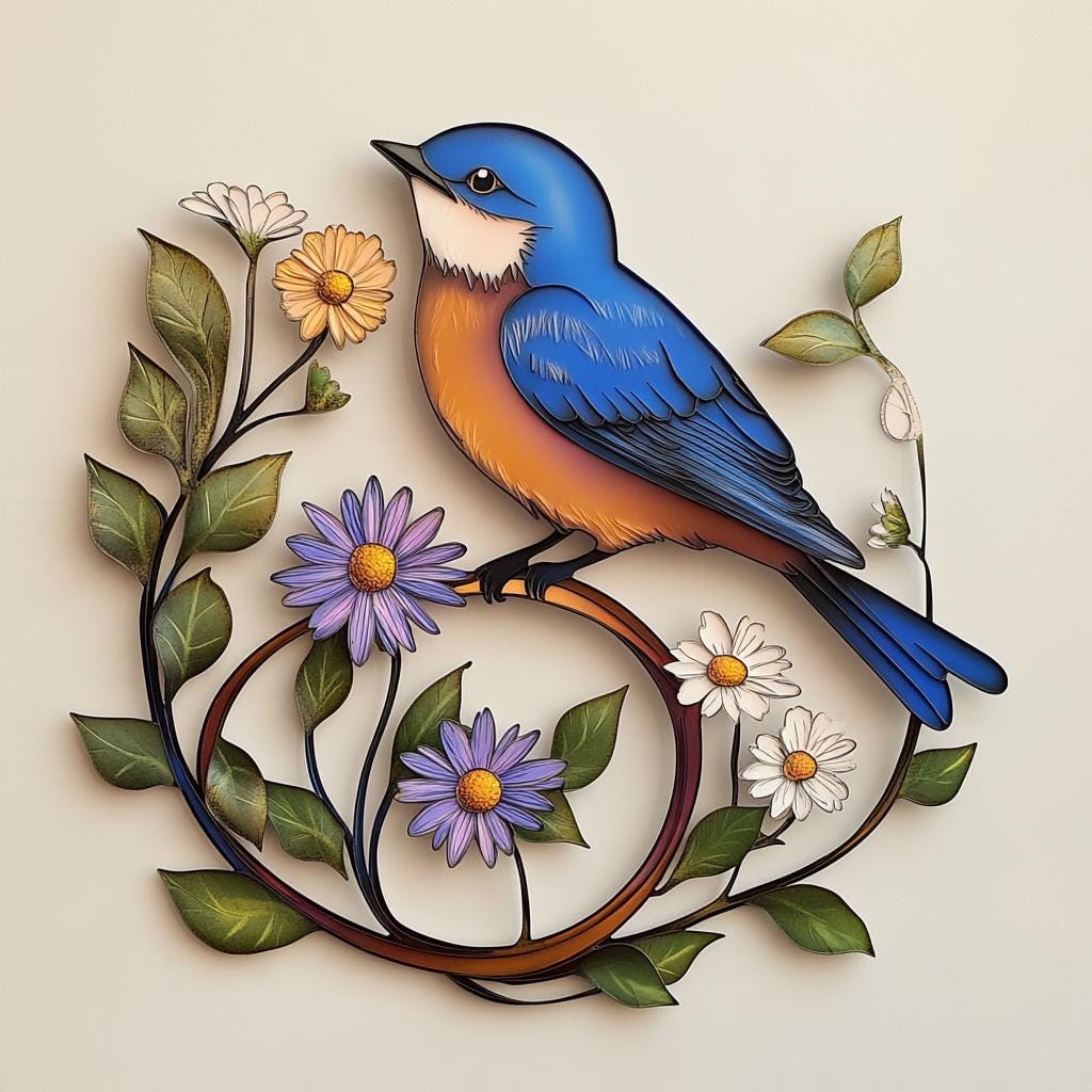 Bluebird Wildflower Metal Wall Art, UV Printed Aluminum Garden Decor