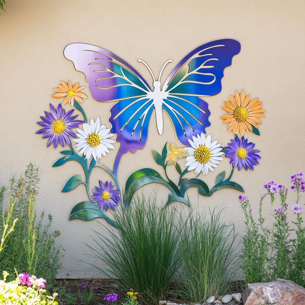Butterfly Wildflower Metal Wall Art, Colorful Garden Decor (UV Printed Aluminum)