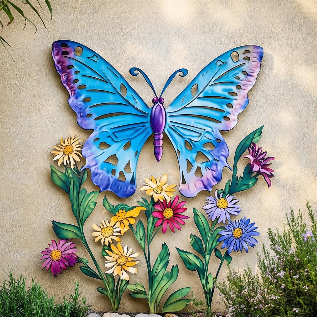 Butterfly Wildflower Metal Wall Art, Colorful Garden Decor (UV Printed Aluminum)