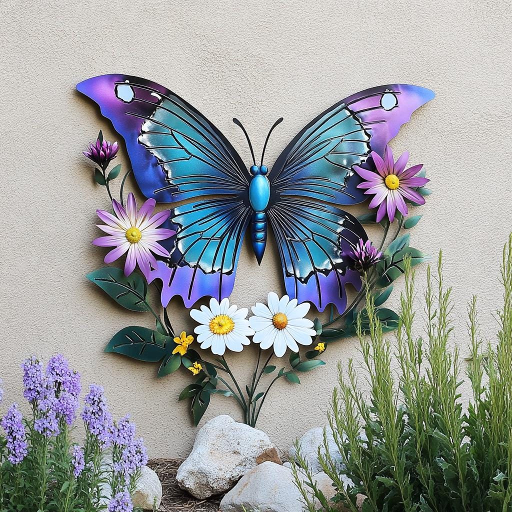 Butterfly Wildflower Metal Wall Art, Colorful Garden Decor (UV Printed Aluminum)