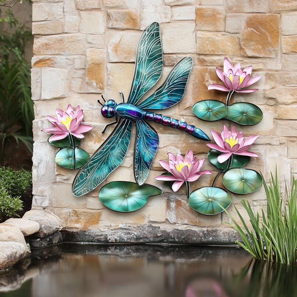 UV Printed Aluminum Dragonfly Water Lily Wall Art, Garden Pond Decor