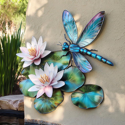 UV Printed Aluminum Dragonfly Water Lily Wall Art, Garden Pond Decor