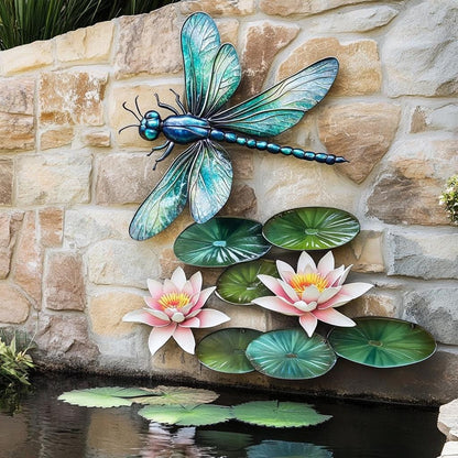 UV Printed Aluminum Dragonfly Water Lily Wall Art, Garden Pond Decor