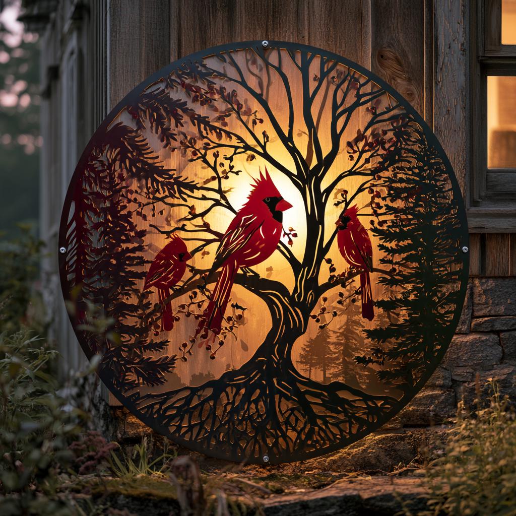 Cardinal Tree of Life Metal Wall Art Red Birds Garden Decor (UV Printed Aluminum)