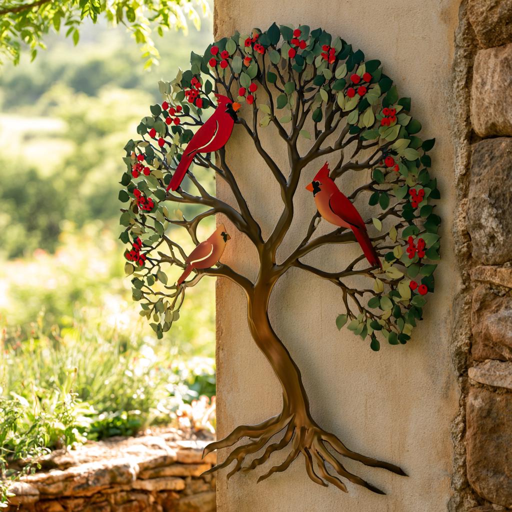 Cardinal Tree of Life Metal Wall Art Red Birds Garden Decor (UV Printed Aluminum)