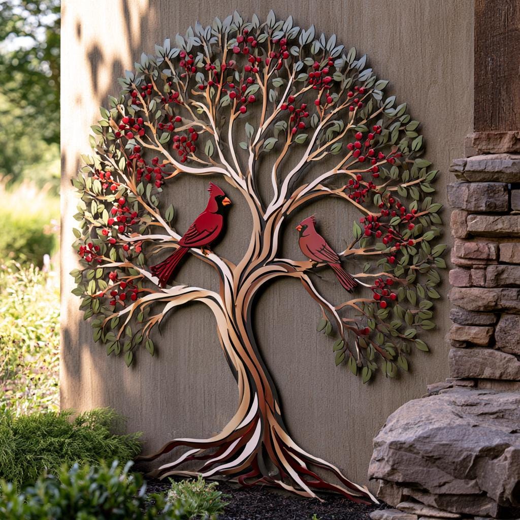 Red Cardinal Tree of Life Metal Wall Art, Autumn Garden Decor (UV Printed Aluminum)