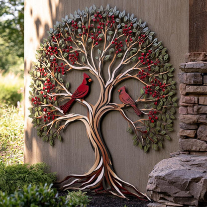 Red Cardinal Tree of Life Metal Wall Art, Autumn Garden Decor (UV Printed Aluminum)