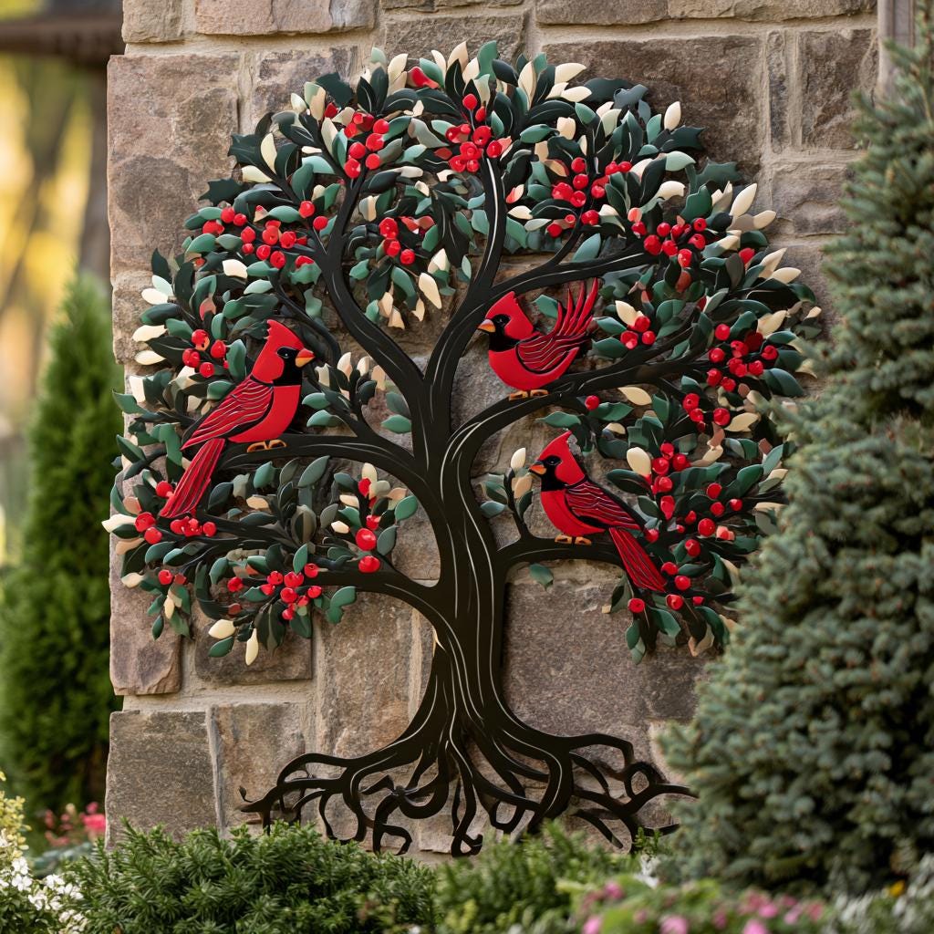 Red Cardinal Tree of Life Metal Wall Art, Autumn Garden Decor (UV Printed Aluminum)
