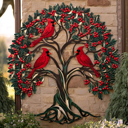 Red Cardinal Tree of Life Metal Wall Art, Autumn Garden Decor (UV Printed Aluminum)