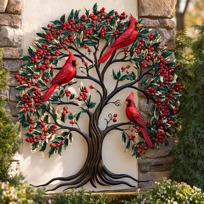 Red Cardinal Tree of Life Metal Wall Art, Autumn Garden Decor (UV Printed Aluminum)