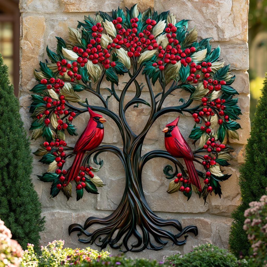 Red Cardinal Tree of Life Metal Wall Art, Autumn Garden Decor (UV Printed Aluminum)