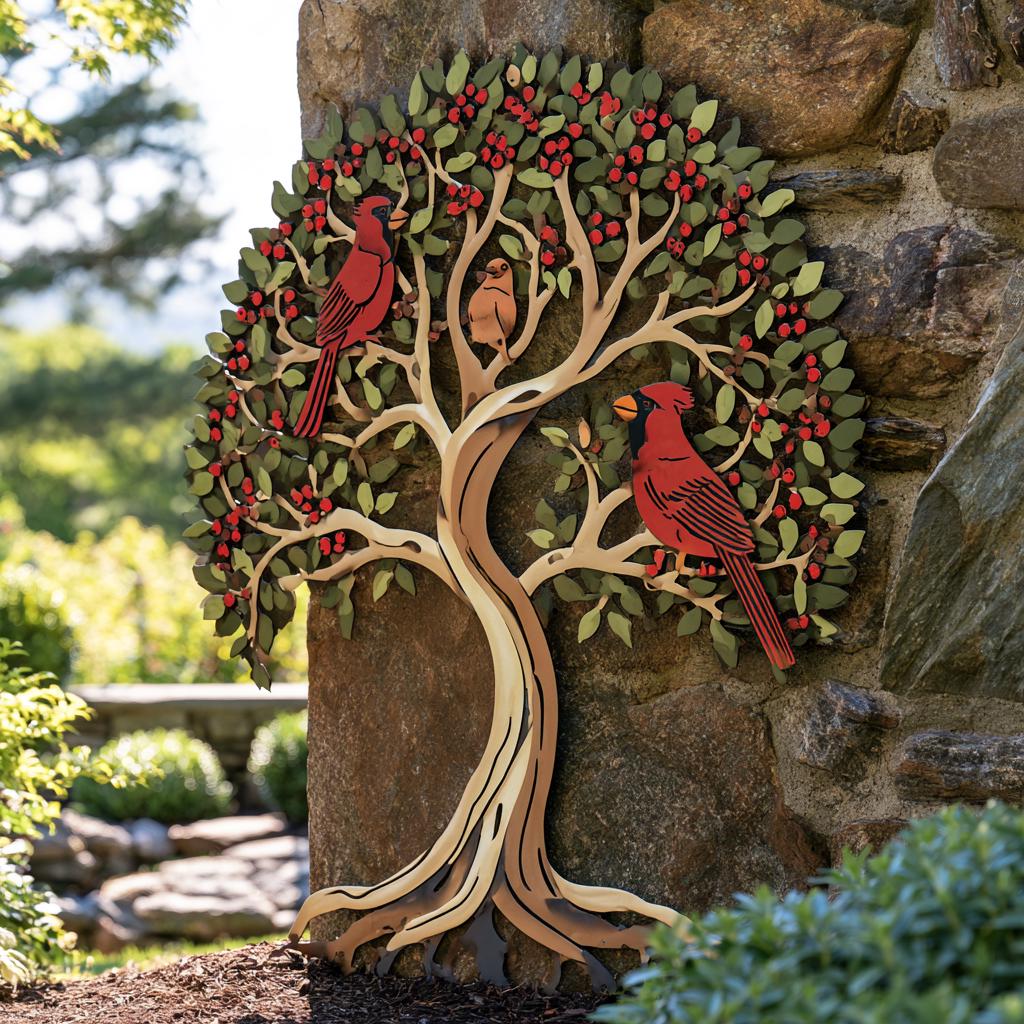 Red Cardinal Tree of Life Metal Wall Art, Autumn Garden Decor (UV Printed Aluminum)