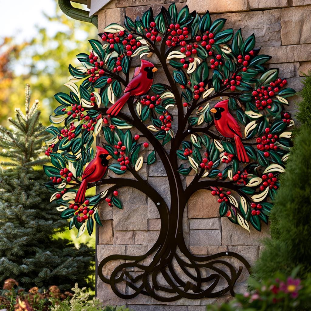 Red Cardinal Tree of Life Metal Wall Art, Autumn Garden Decor (UV Printed Aluminum)