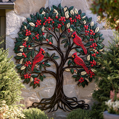 Red Cardinal Tree of Life Metal Wall Art, Autumn Garden Decor (UV Printed Aluminum)