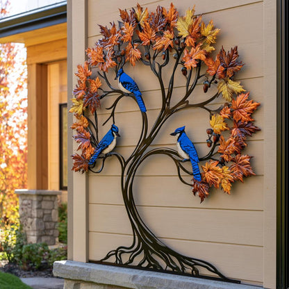 Blue Jay Tree of Life Metal Wall Art: Autumn Bird Decor (UV Printed Aluminum)
