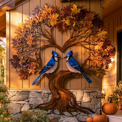 Blue Jay Tree of Life Metal Wall Art: Autumn Bird Decor (UV Printed Aluminum)