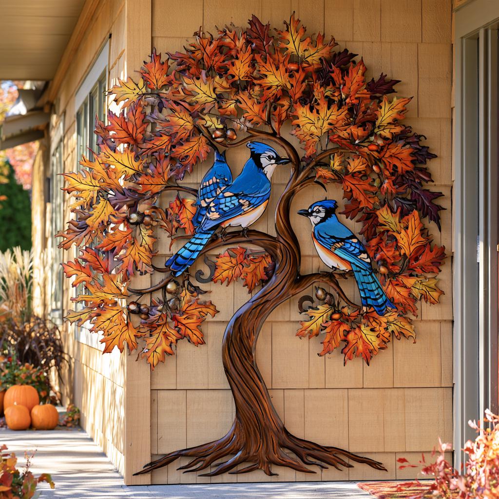 Blue Jay Tree of Life Metal Wall Art: Autumn Bird Decor (UV Printed Aluminum)