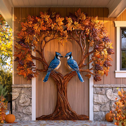 Blue Jay Tree of Life Metal Wall Art: Autumn Bird Decor (UV Printed Aluminum)