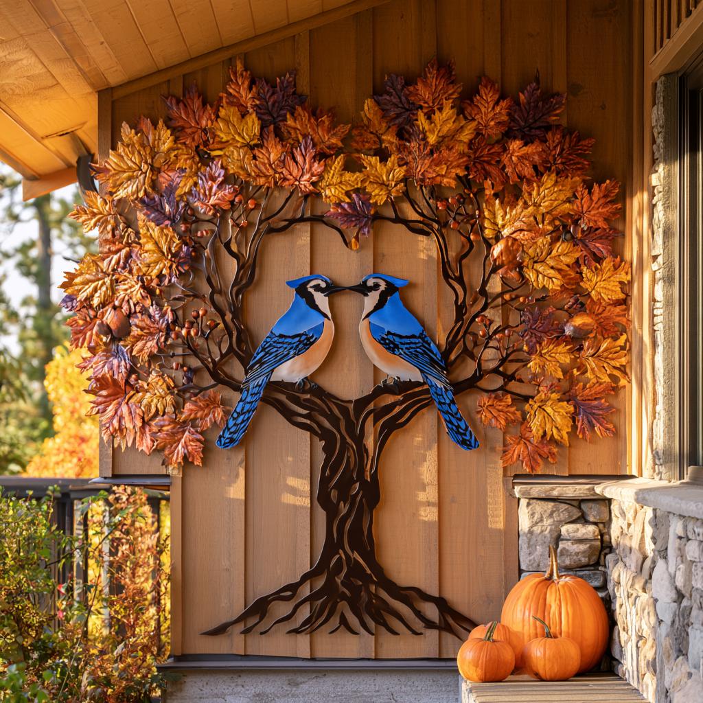 Blue Jay Tree of Life Metal Wall Art: Autumn Bird Decor (UV Printed Aluminum)