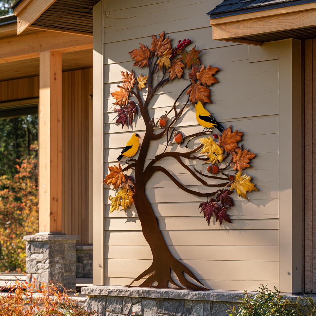 Goldfinch Tree of Life Metal Wall Art: Autumn Bird Garden Decor (UV Printed Aluminum)