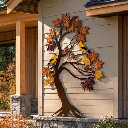 Goldfinch Tree of Life Metal Wall Art: Autumn Bird Garden Decor (UV Printed Aluminum)
