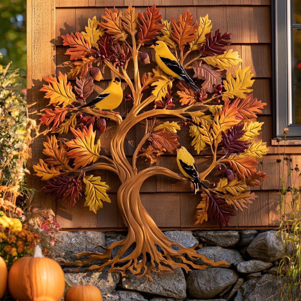 Goldfinch Tree of Life Metal Wall Art: Autumn Bird Garden Decor (UV Printed Aluminum)