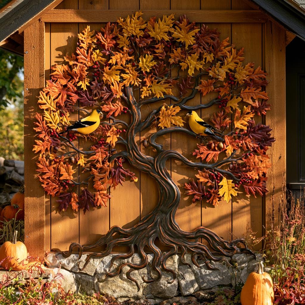 Goldfinch Tree of Life Metal Wall Art: Autumn Bird Garden Decor (UV Printed Aluminum)